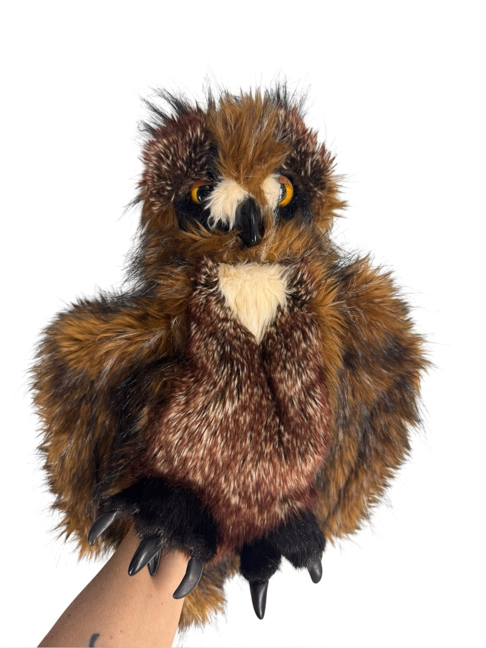 Folkmapuppet great horned owl movable head puppet